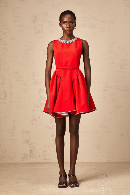 Mariangela Red Crystal Pleated Mini Dress Thigh Length