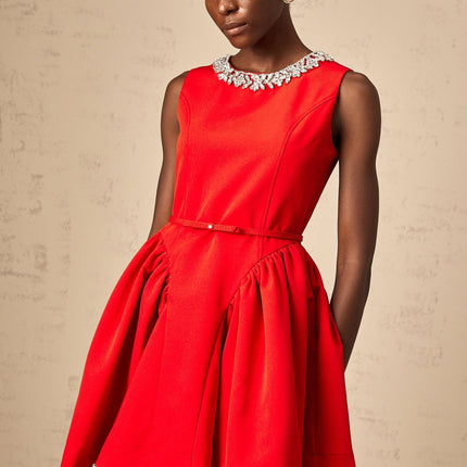 Mariangela Red Crystal Pleated Mini Dress Thigh Length