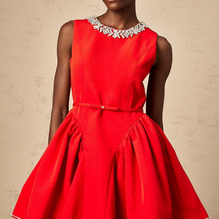 Mariangela Red Crystal Pleated Mini Dress