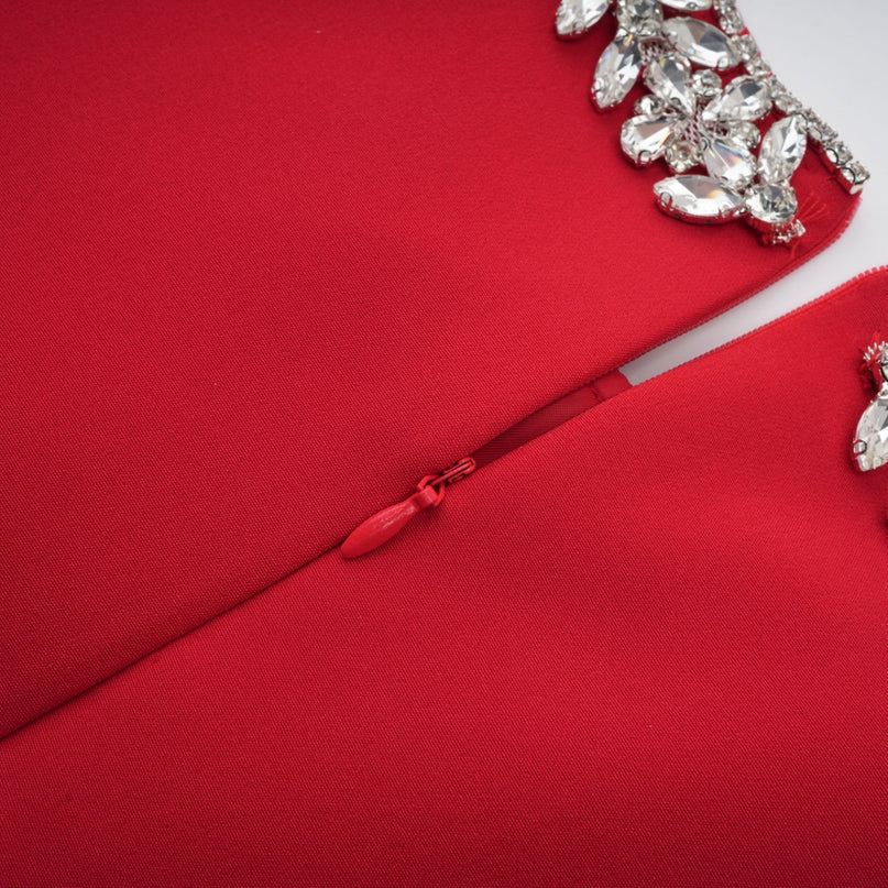 Mariangela Red Crystal Pleated Thigh Length Dress