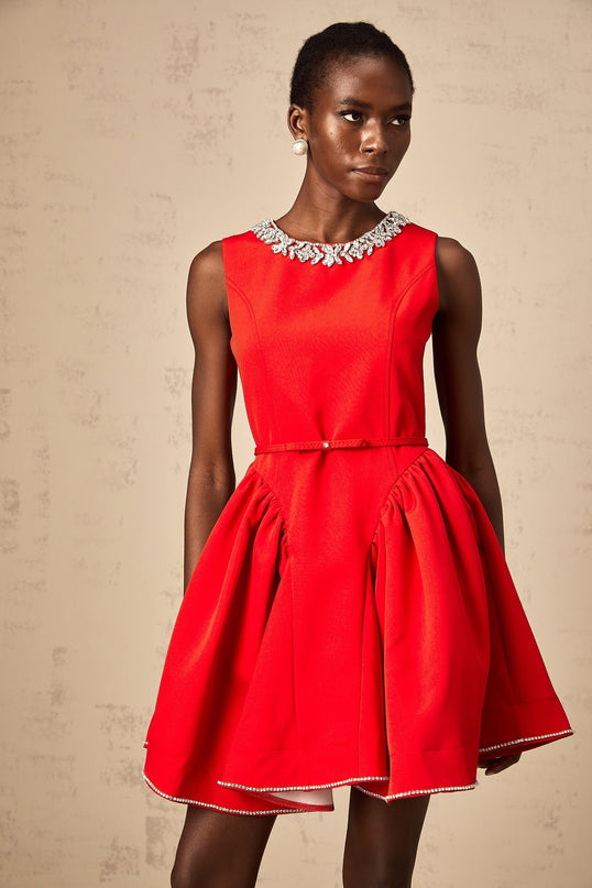 Mariangela Red Crystal Pleated Thigh Length Mini Dress