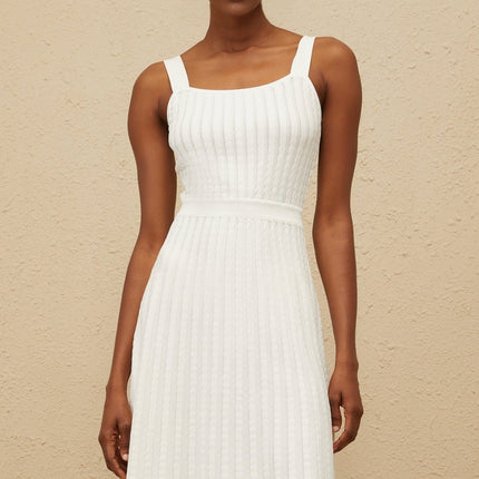 Mariangela White Knit Dress Ribbed Square Neck Midi