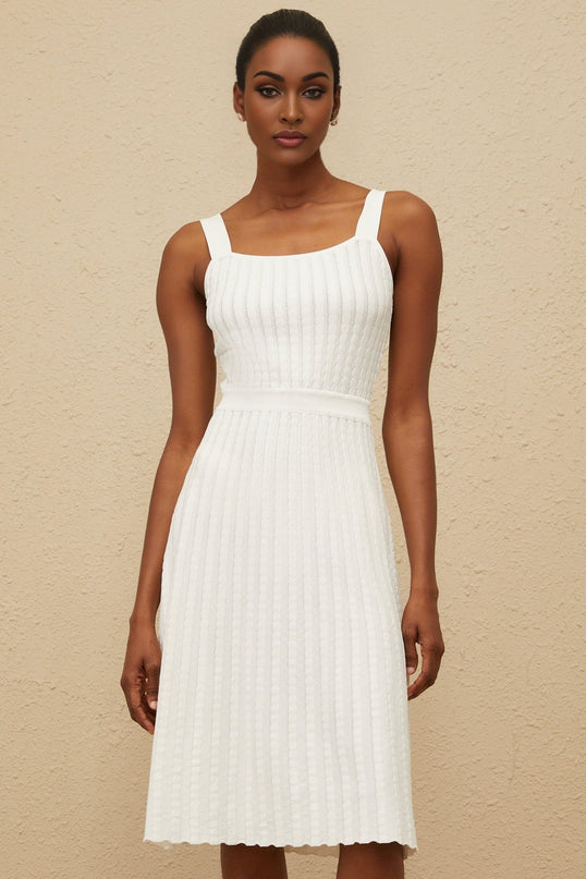 Mariangela White Knit Dress Ribbed Square Neck Midi