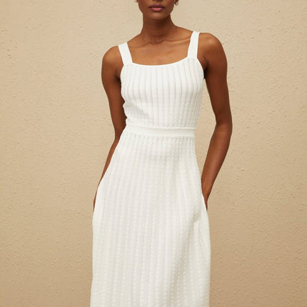 Mariangela White Knit Dress Ribbed Square Neck Midi