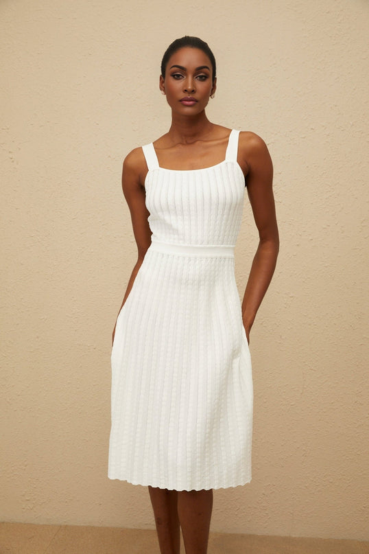 Mariangela White Knit Dress Ribbed Square Neck Midi