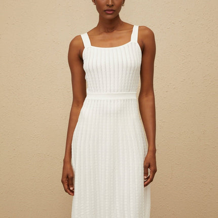 Mariangela White Knit Dress Ribbed Square Neck Midi