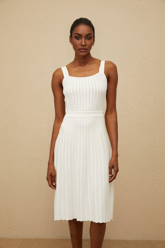 Mariangela White Knit Dress Ribbed Square Neck Midi