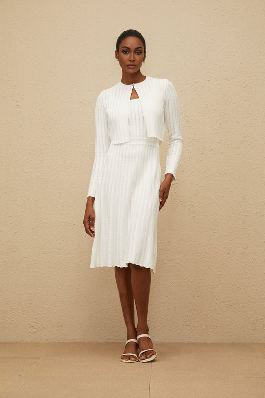 Mariangela White Knit Dress Ribbed Square Neck Midi