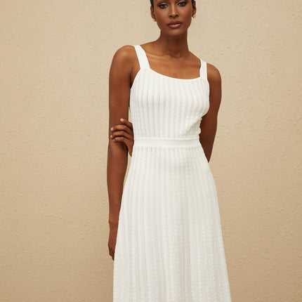 Mariangela White Knit Dress Ribbed Square Neck Midi