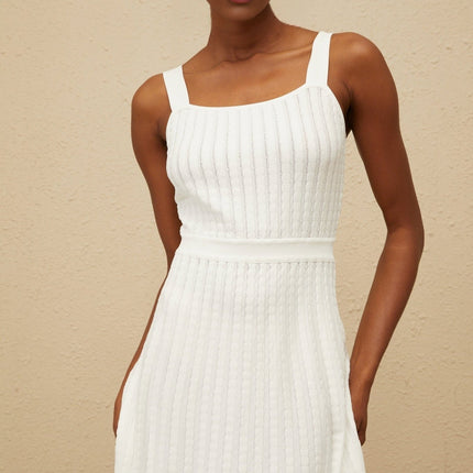 Mariangela White Knit Dress Ribbed Square Neck Midi