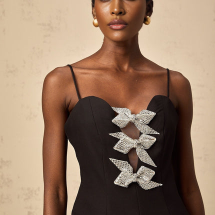 Marianna Black Mesh Puff Skirt Mini Dress with Polka Dot Print and Bow Embellishment