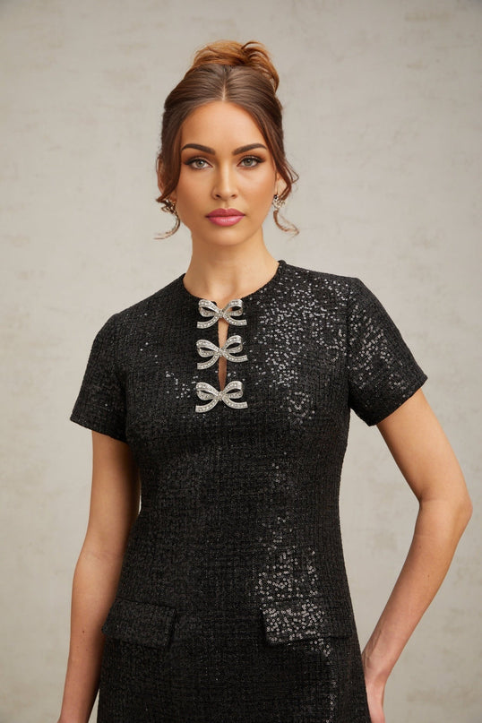 Marianna Black Mini Dress Glitter Pockets