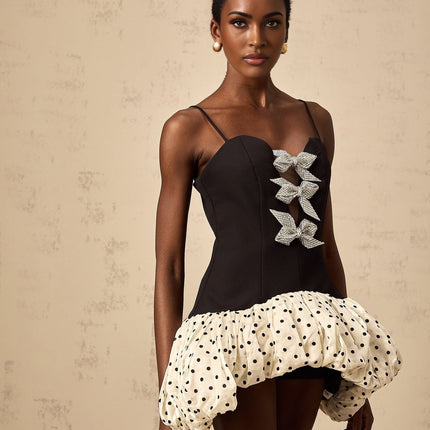 Marianna Black Mesh Detailing Puff Skirt Sweetheart Neck Polka Dot Print Bow Embellishment Ruched Sleeveless Dress Thin Straps Rear Zip Fastening 89% Terylene 11% Cotton Luxury Style