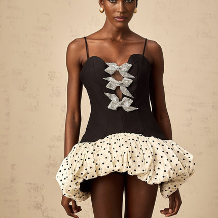 Marianna Black Polka Dot Mesh Mini Dress with Bow Embellishment