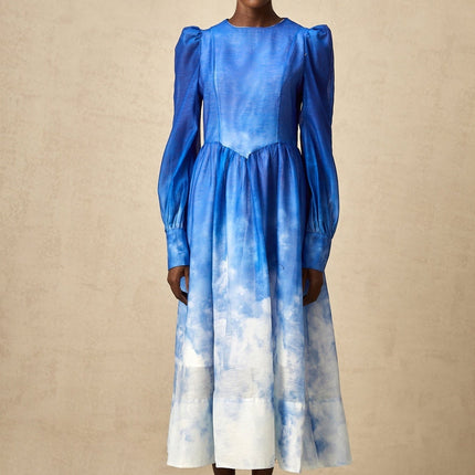 Marianna Blue White Gradient Midi Dress 100% Mixed Linen Long Puff Sleeves Pleated Detailing Full Skirt Calf-Length Silhouette Rear Zip Fastening