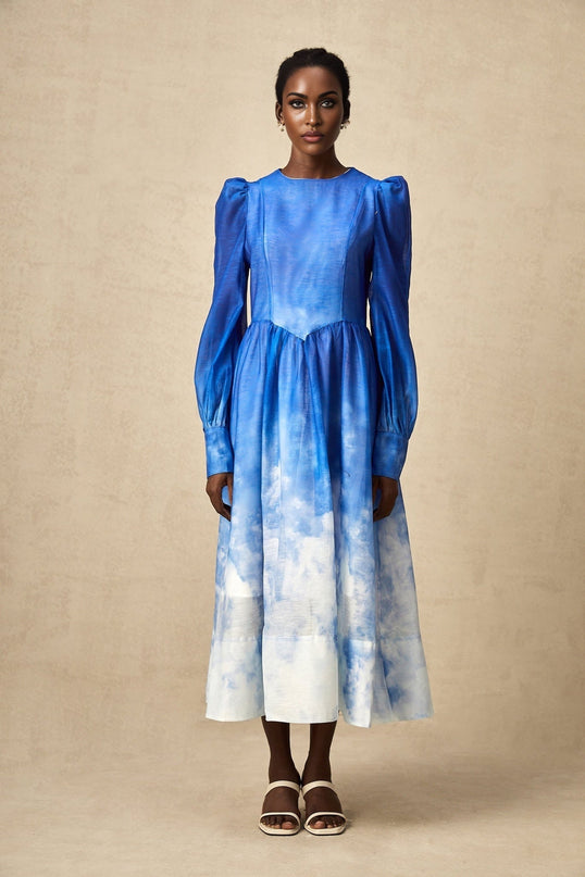Marianna Blue White Gradient Midi Dress 100% Mixed Linen Long Puff Sleeves Pleated Detailing Full Skirt Calf-Length Silhouette Rear Zip Fastening