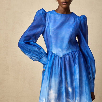 Marianna Blue and White Gradient Midi Dress with Puff Sleeves and Pleated Detailing