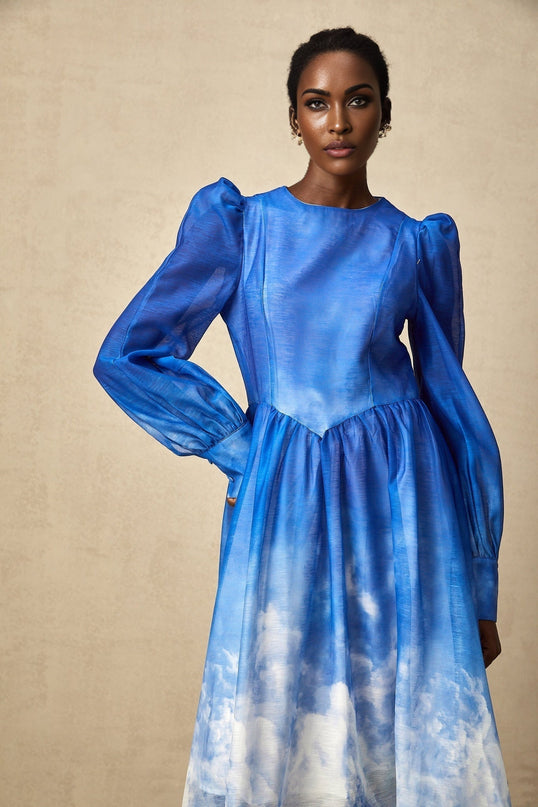 Marianna Blue and White Gradient Midi Dress with Puff Sleeves and Pleated Detailing