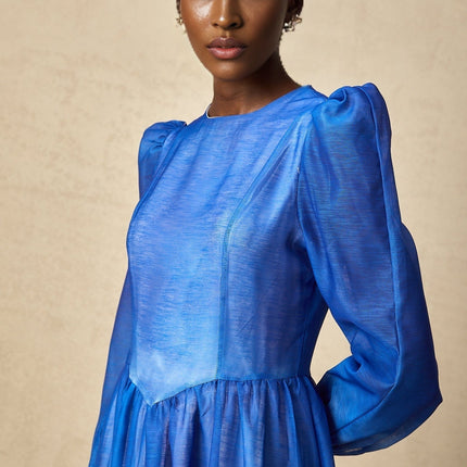 Marianna Blue and White Gradient Midi Dress with Puff Sleeves and Pleated Detailing