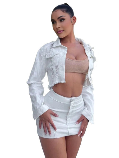 Marianna Cropped Denim Jacket with Distressed Detail in White - White