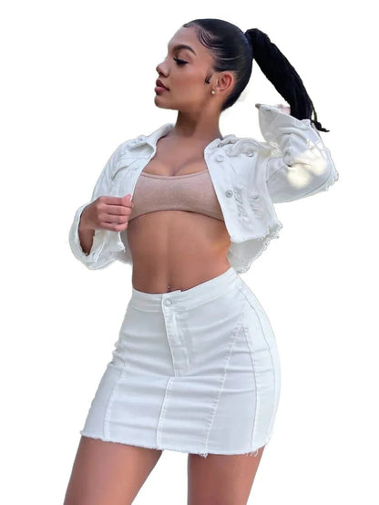 Marianna Cropped Denim Jacket with Distressed Detail in White - White