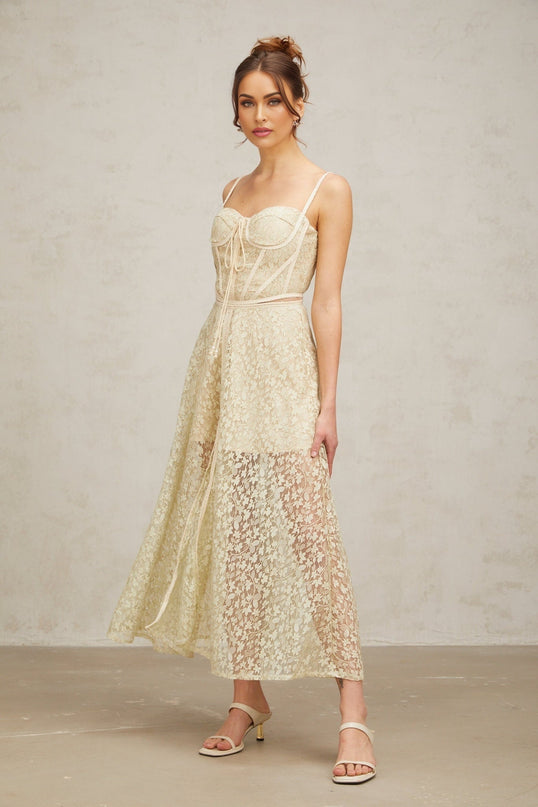 Marianna Floral Midi Dress Light Green Sleeveless Cut-Out Embroidered Elegant Chic