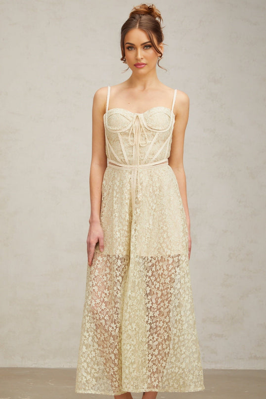 Marianna Light Green Floral Midi Dress in 79% Cotton and 21% Terylene