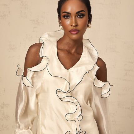 Marianna White Mini Dress V-neck Ribbon Cold Shoulder Flounce Contrast colors long sleeves thigh length Terylene fiber