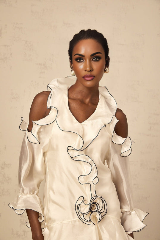 Marianna White Mini Dress V-neck Ribbon Cold Shoulder Flounce Contrast colors long sleeves thigh length Terylene fiber