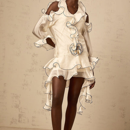 Marianna White Mini Dress Ribbon Detail Cold Shoulder Flounce Contrast Lined Long Sleeve Thigh Length Terylene Fiber