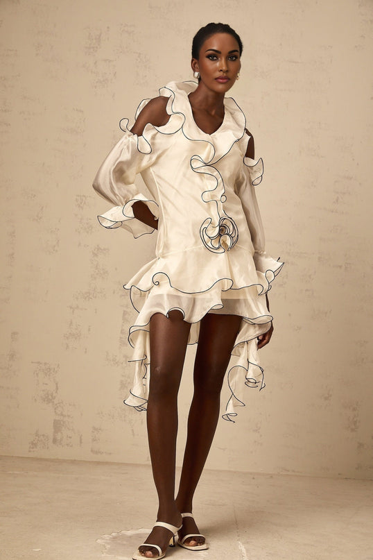 Marianna White Mini Dress Ribbon Detail Cold Shoulder Flounce Contrast Lined Long Sleeve Thigh Length Terylene Fiber