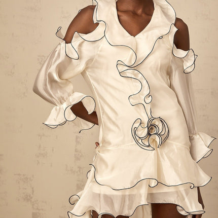 Marianna White Mini Dress V-neck Ribbon Cold Shoulder Flounce Contrast colors long sleeves thigh length Terylene fiber