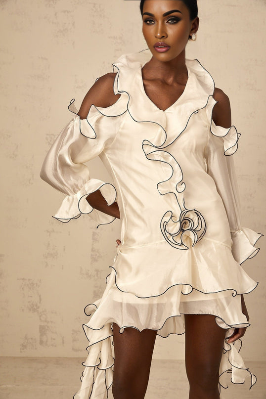 Marianna White Mini Dress V-neck Ribbon Cold Shoulder Flounce Contrast colors long sleeves thigh length Terylene fiber