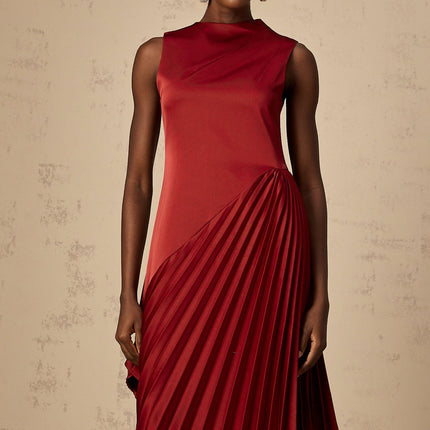 Marianna Wine Red Asymmetric Pleated Midi Dress