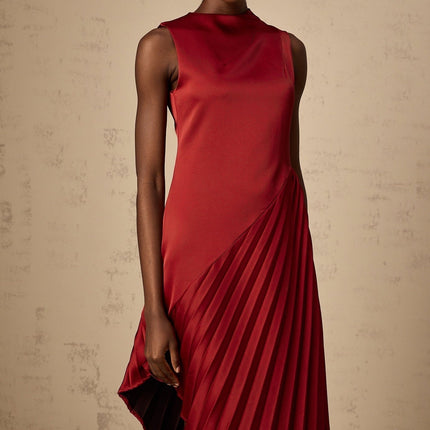 Marianna Wine Red Asymmetric Pleated Midi Dress
