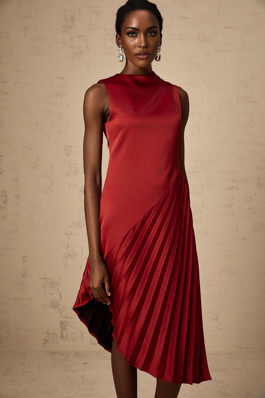 Marianna Wine Red Asymmetric Pleated Midi Dress