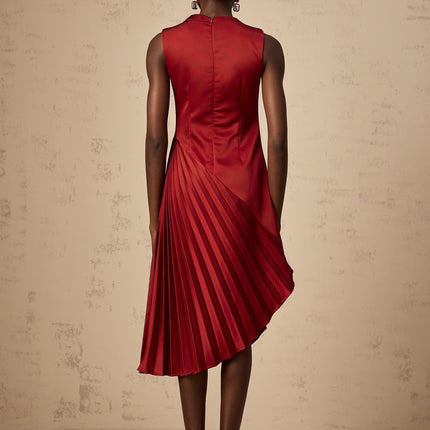 Marianna Wine Red Asymmetric Pleated Midi Dress