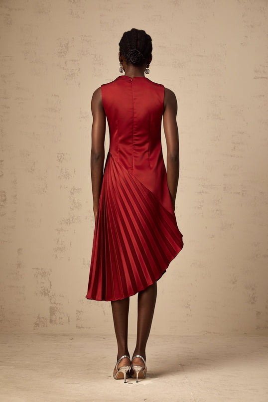 Marianna Wine Red Asymmetric Pleated Midi Dress