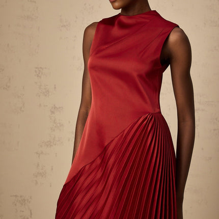 Marianna Wine Red Asymmetric Pleated Midi Dress