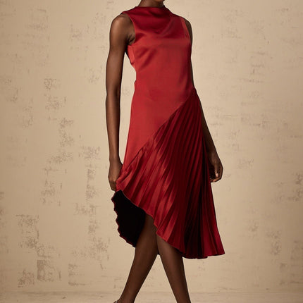 Marianna Wine Red Asymmetric Pleated Midi Dress