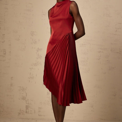 Marianna Wine Red Asymmetric Pleated Midi Dress
