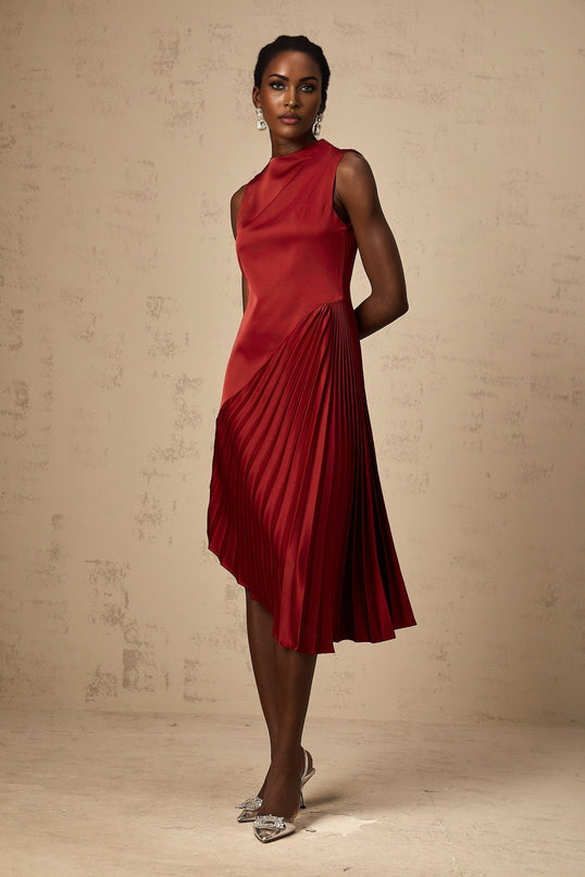 Marianna Wine Red Asymmetric Pleated Midi Dress