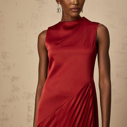 Marianna Wine Red Asymmetric Pleated Midi Dress