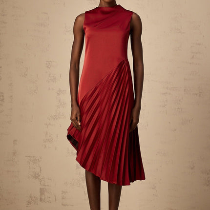 Marianna Wine Red Midi Dress Asymmetric Pleated