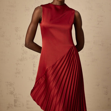 Marianna Wine Red Midi Dress Asymmetric Pleated 100% Terylene
