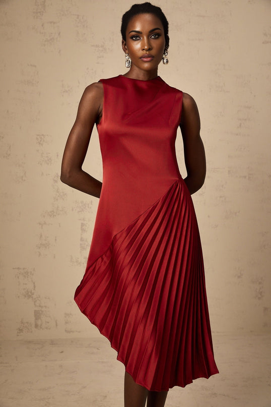 Marianna Wine Red Midi Dress Asymmetric Pleated 100% Terylene