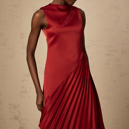 Marianna Wine Red Midi Dress Asymmetric Pleated