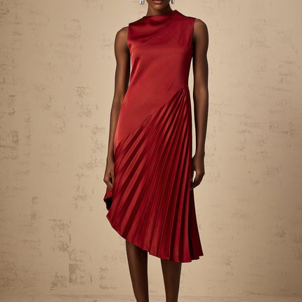 Marianna Wine Red Pleated Midi Dress Asymmetric Crew Neck Sleeveless Calf-Length Rear Zip 100% Terylene