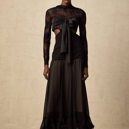 Mariarosa Black Floral Lace Maxi Dress With Oversized Bow