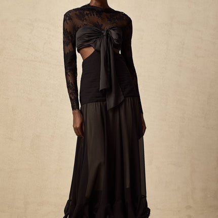 Mariarosa Black Floral Lace Maxi Dress With Oversized Bow